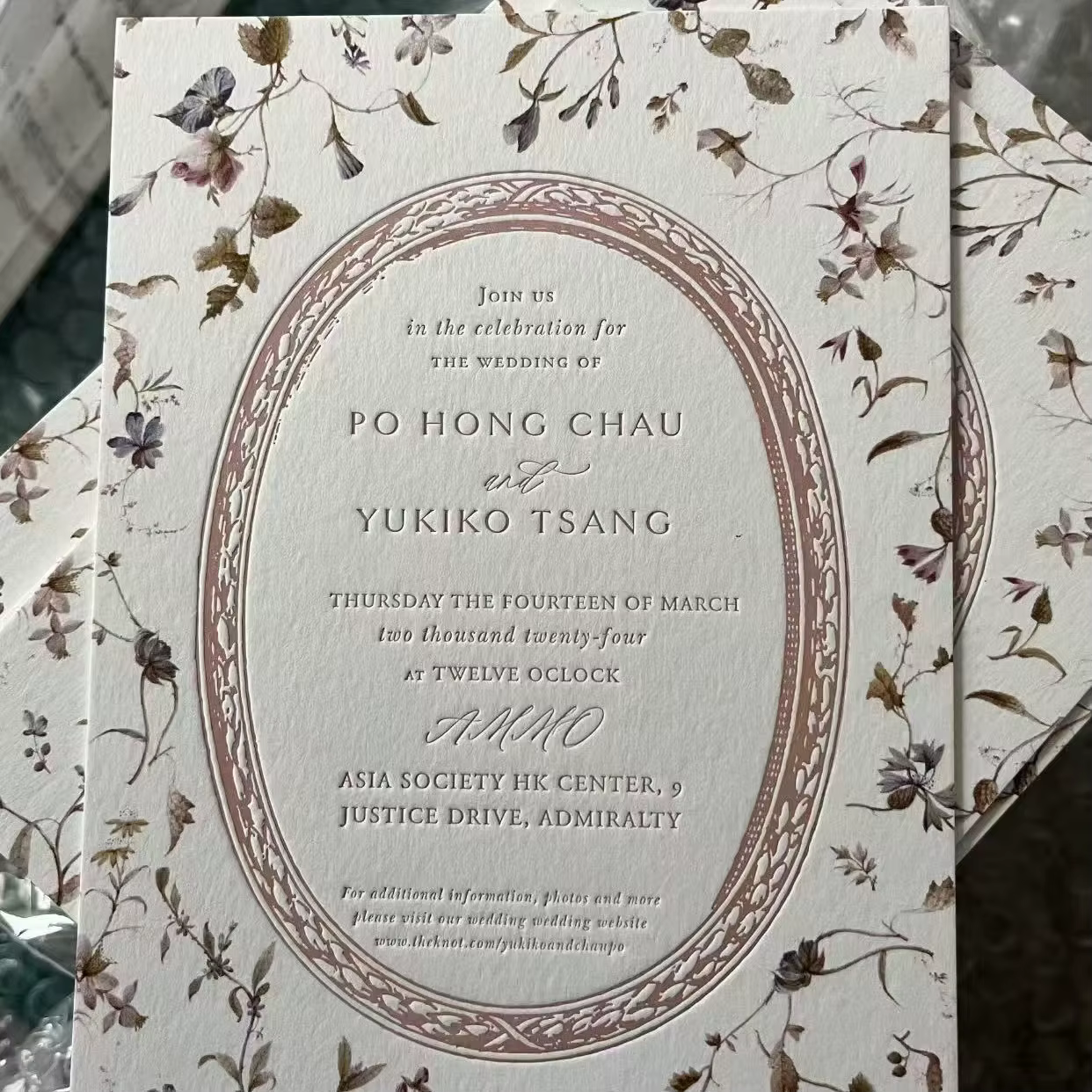 Luxury Vintage Rose Gold 600gsm Cotton Paper Wedding Invitation Card With Envelope Letterpress Foil Embossed Custom Printing