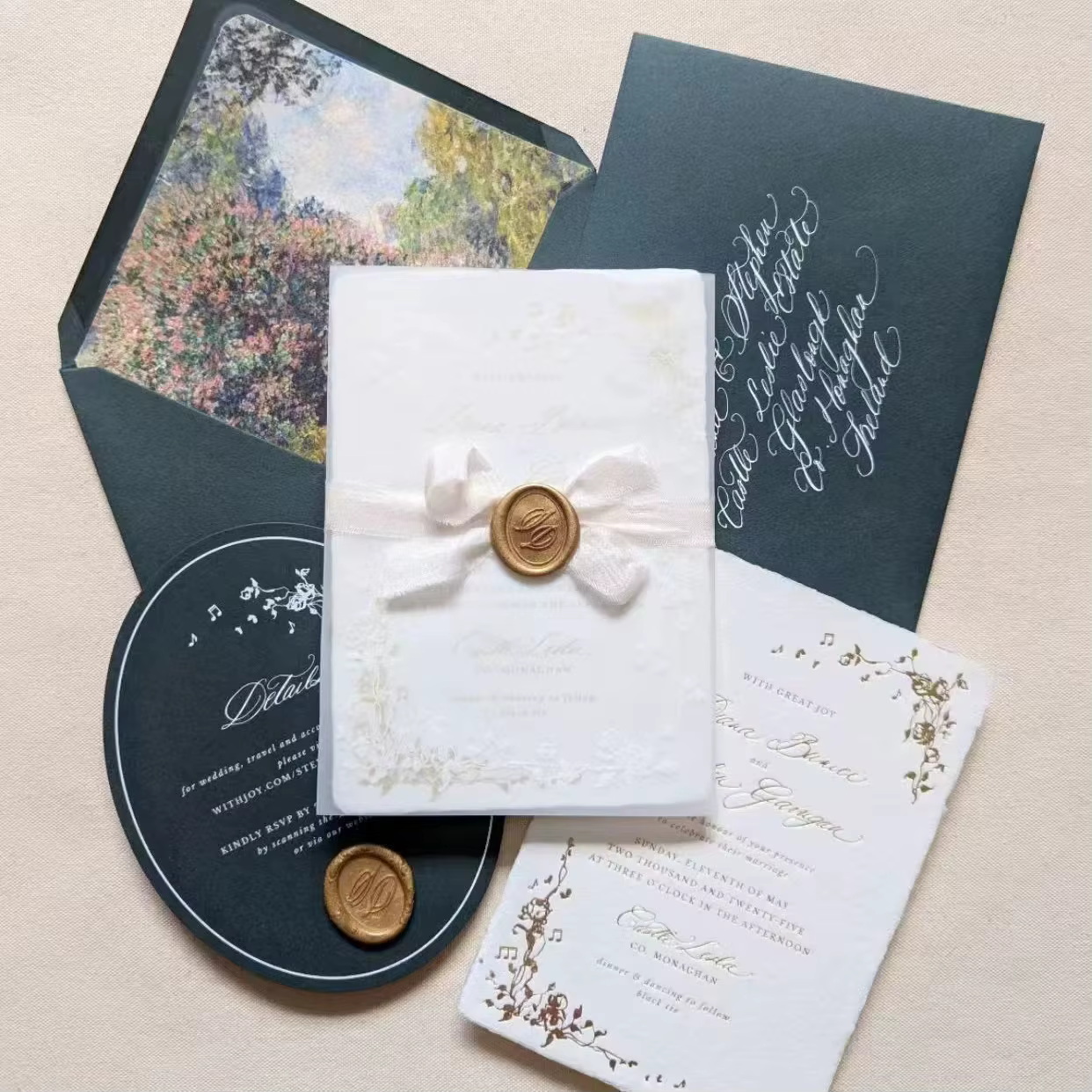 Luxury Green Gold Botanical Textured Cotton Paper Wedding Invitation Card With Vellum Wax Seal Foil Deckled Edge Custom Printing