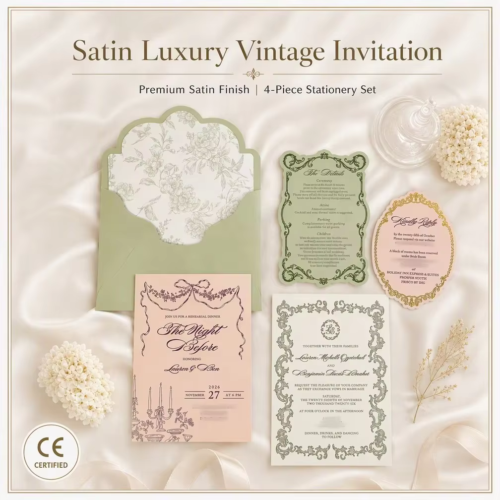 Premium Green Vintage Wedding Invitation Set Elegant Floral Satin Bridal Shower Invitations Luxury Party Stationery Suite