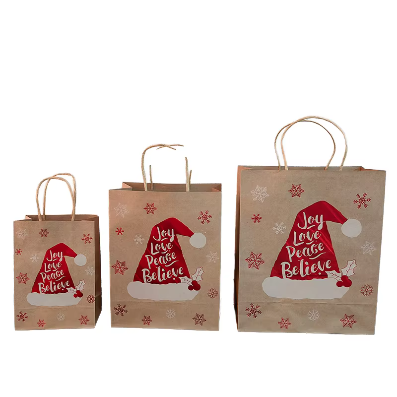 Christmas Embossed Recyclable Brown Kraft Paper Tote Bag for Holiday Candy Party Food Use