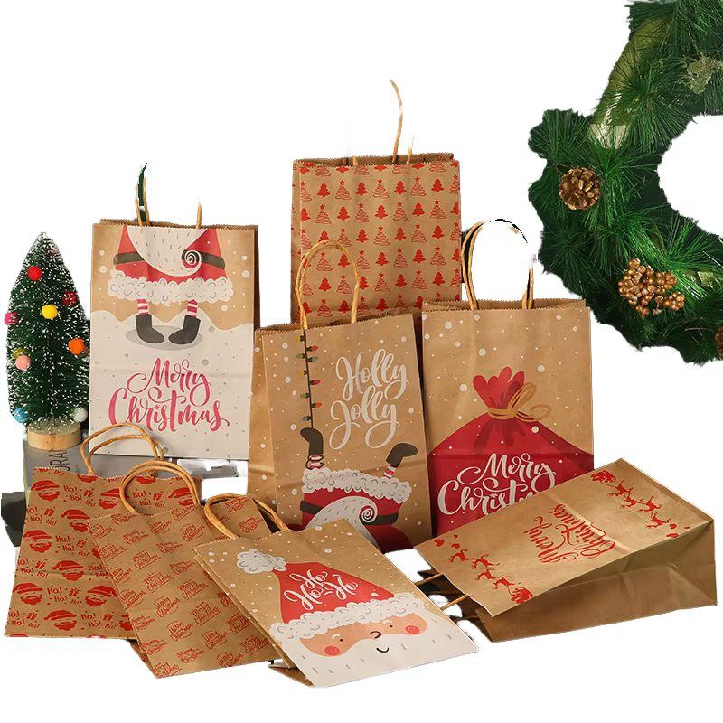 Christmas Paper Bags Gift Bags Kraft Paper Bags Santa Reindeer Print Twisted Handle Xmas Holiday Party Favors Candy