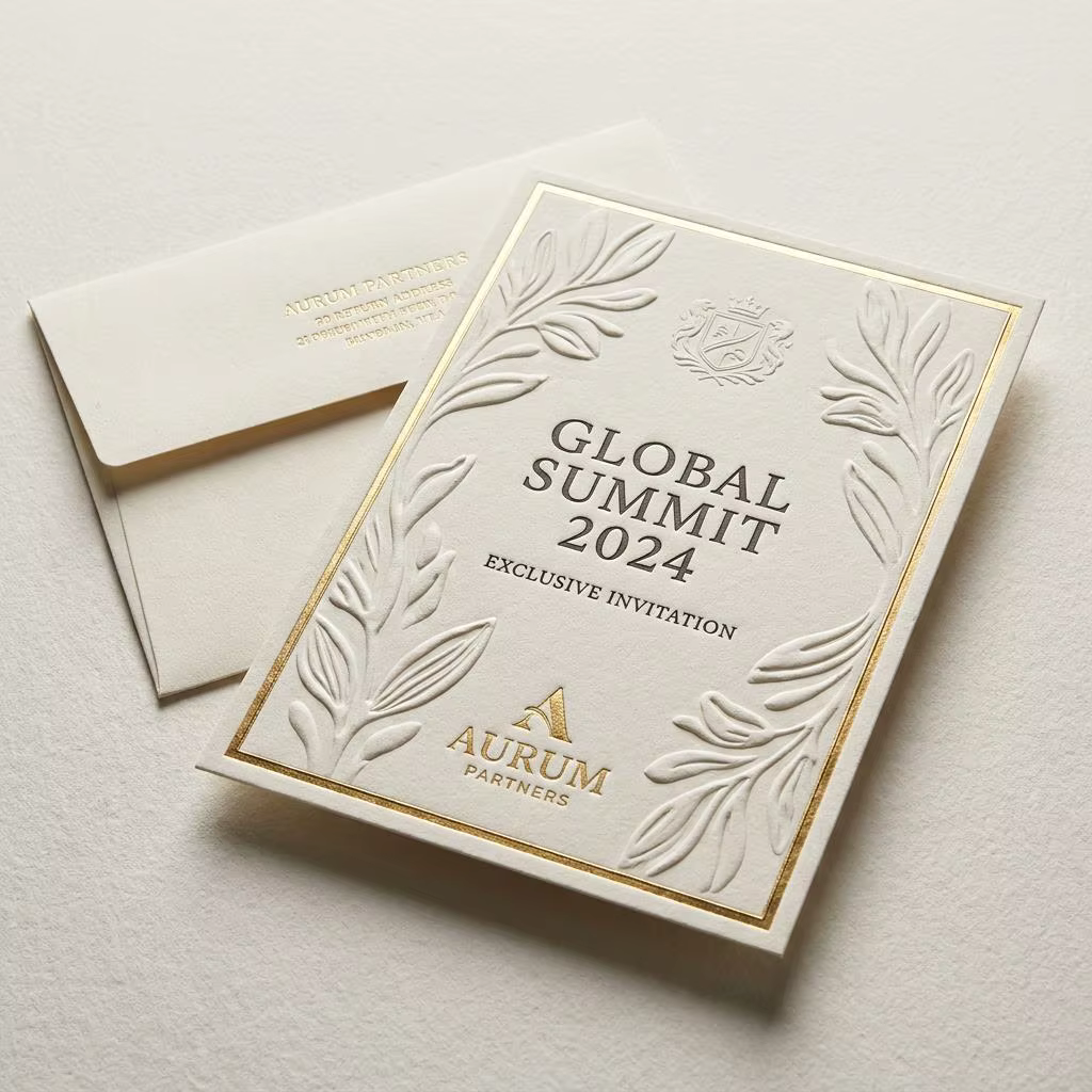 Bespoke Luxury Executive Summit Stationery Suite 3D Embossed Gold Foil Logo RSVP Details Card Thank You Card Envelope Set