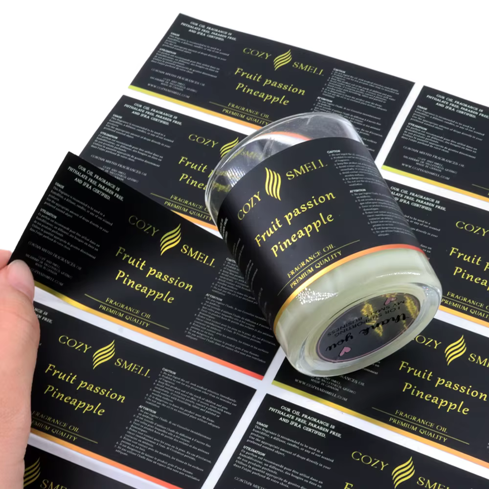 Custom Printed Roll Labels for Candles Black Matte Gold Foil Jar Stickers for Small Business