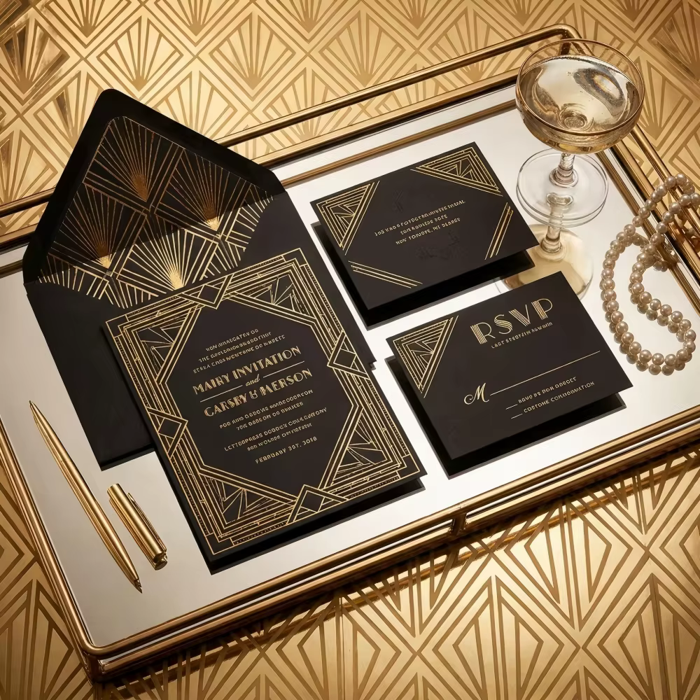 Art Deco Luxury Gatsby Style 3D Gold Foil Wedding Invitation Suite RSVP Details Card Thank You Card Envelope Jazz Age Card Se
