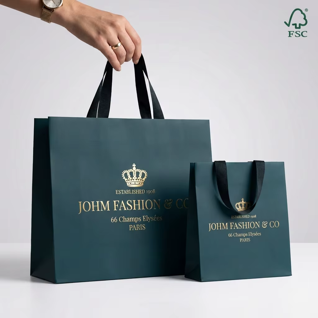Sophisticated Parisian Style Retail Bag Custom Gold Foil Logo Printing Luxury Forest Green Paper Bag With Grosgrain Handle