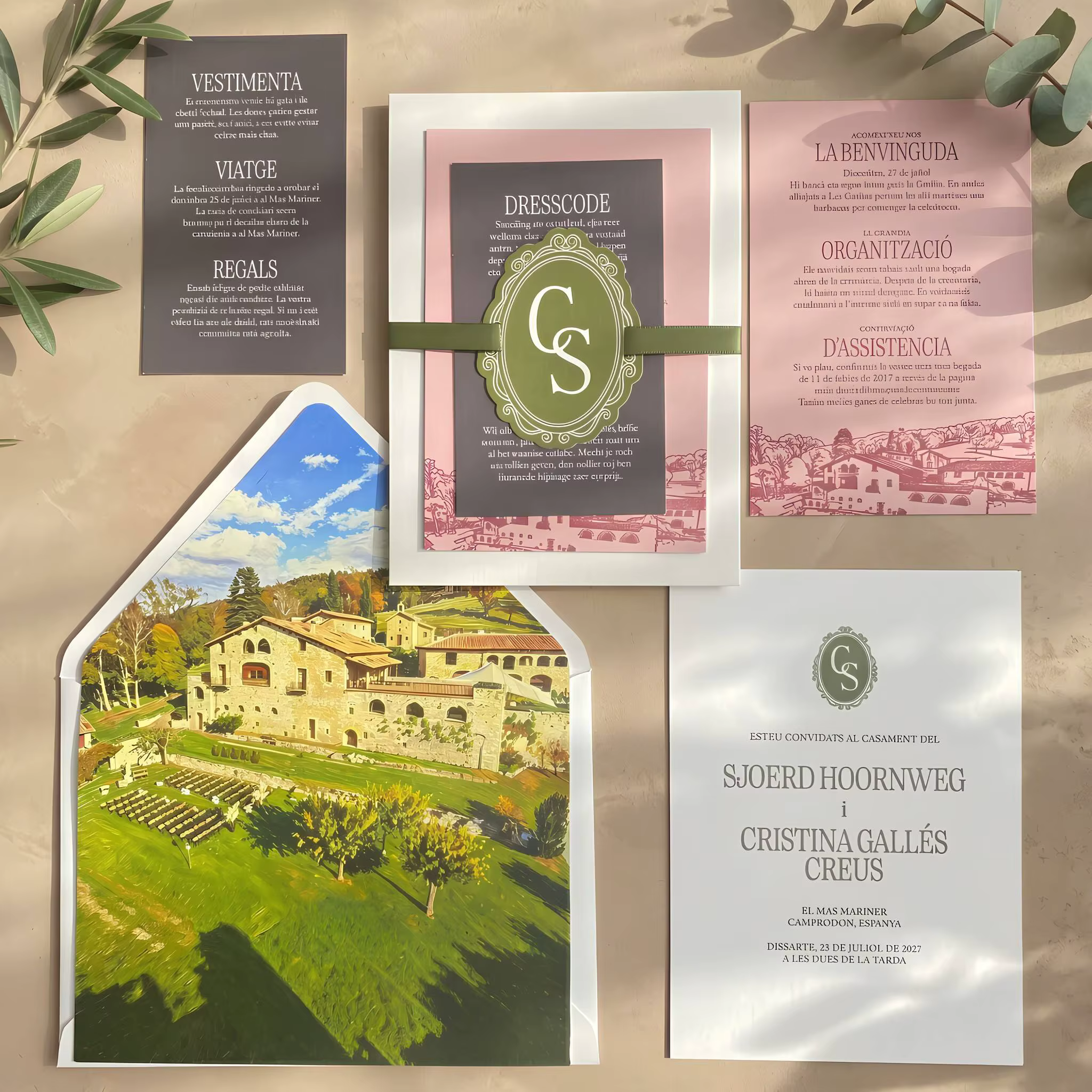Custom Wedding Invitation Suite Luxury Illustrated Envelope Liner Ribbon Monogram Elegant Destination Wedding Invite Set