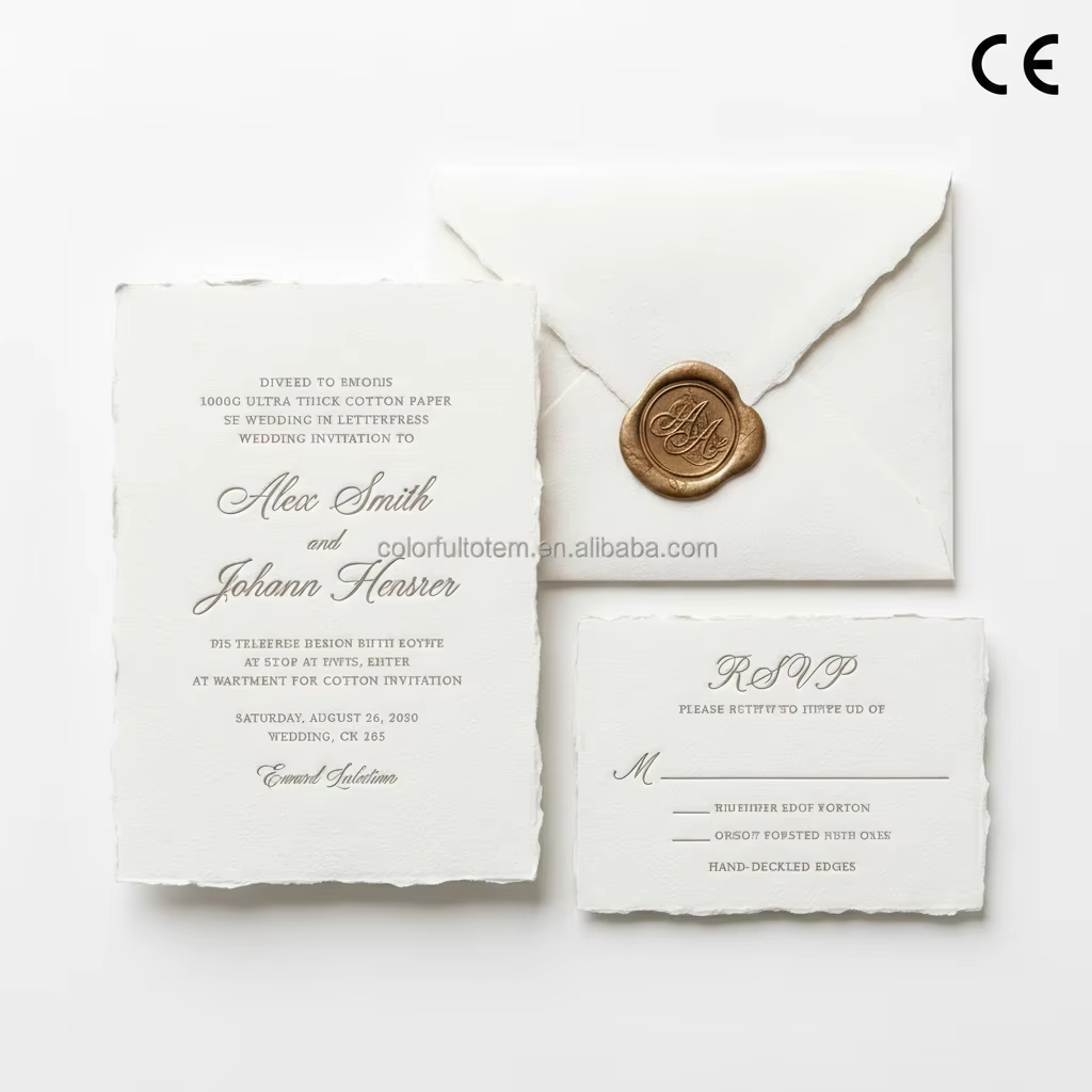 Luxury White Ultra Thick Cotton Paper Wedding Invitation Suite Hand Deckled Edge Wax Seal RSVP Letterpress Custom Printing