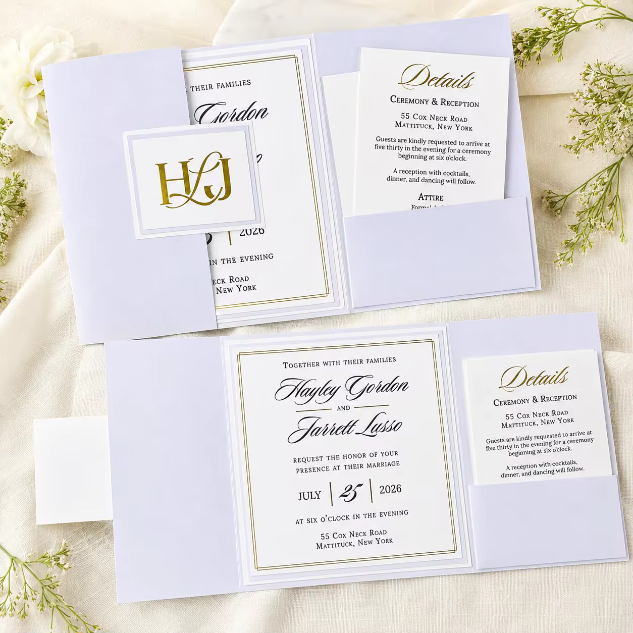 Custom Foil Stamped Pocket Wedding Invitation Pearl Paper Luxury Trifold Custom Monogram Wedding Detail Insert Cards