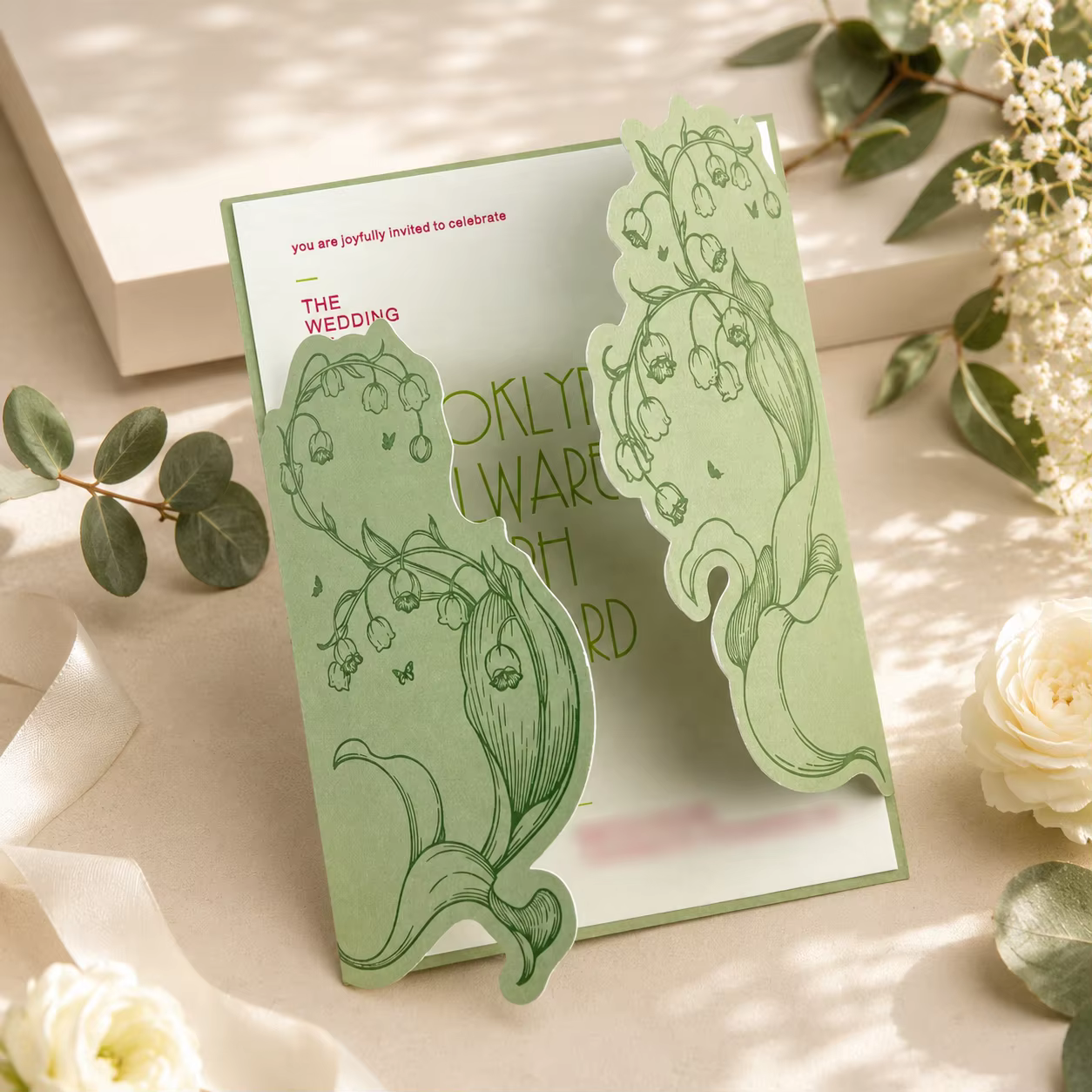 Lily of the Valley Wedding Invitation Premium Matte Die Cut Foldable Invite Custom Name Print for Banquet Bridal Stationery