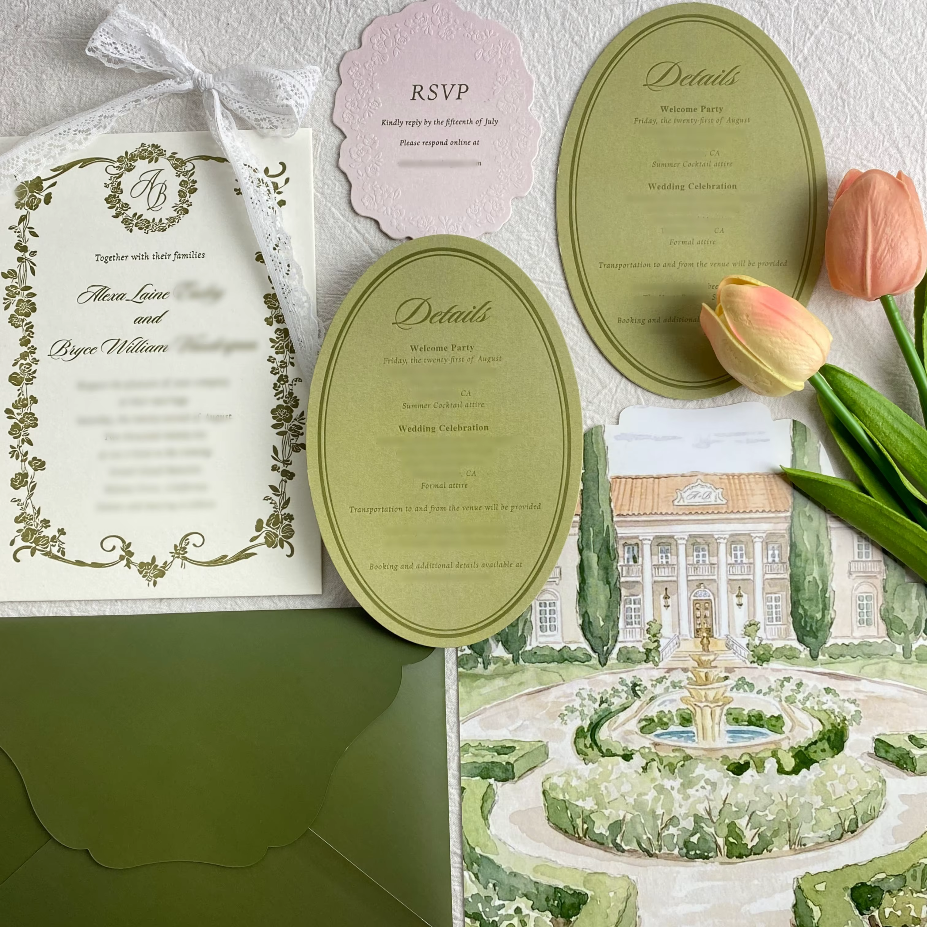 Custom Wedding Invitation Sets, Including Invitation Cards, Reply Cards, Detail Cards and Envelopes. Sample Service Available.