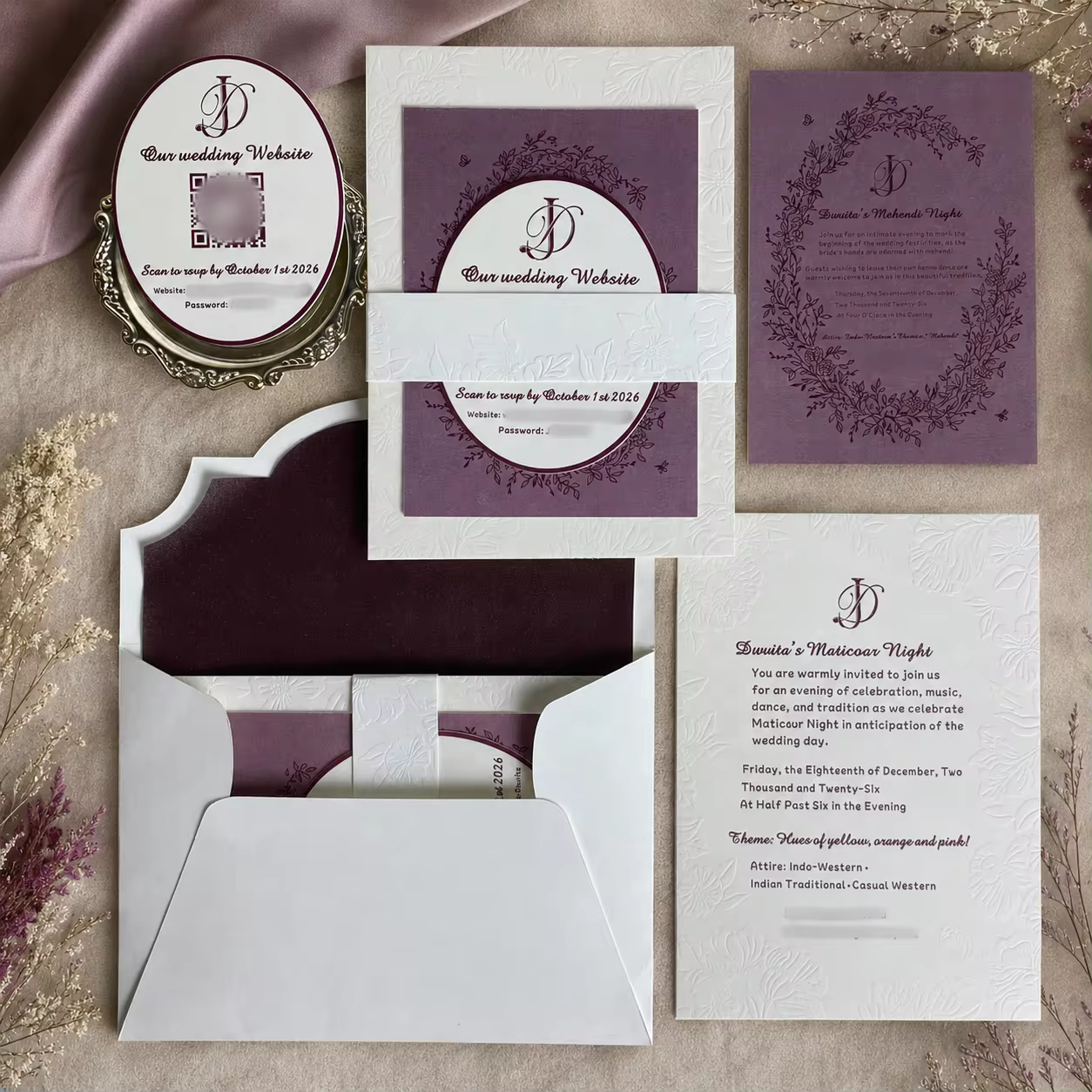 Luxury Wedding Invitation Suite 600gsm Cotton Paper Floral Embossed Deep Purple Custom QR Code Stationery Elegant Party