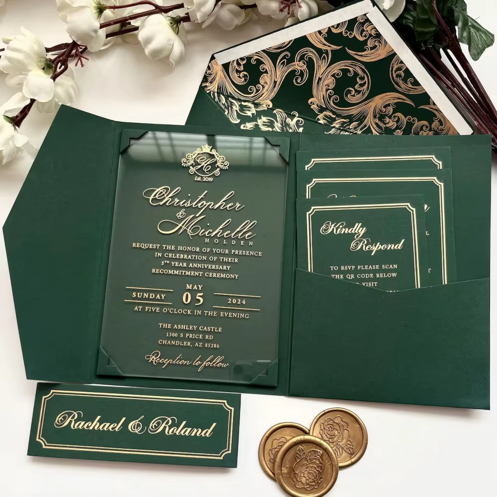 Artisan High End Gold Mirror Wedding Invitation Personalized Ivory Folder Set With RSVP Card and Wax Seal Ribbon Suite