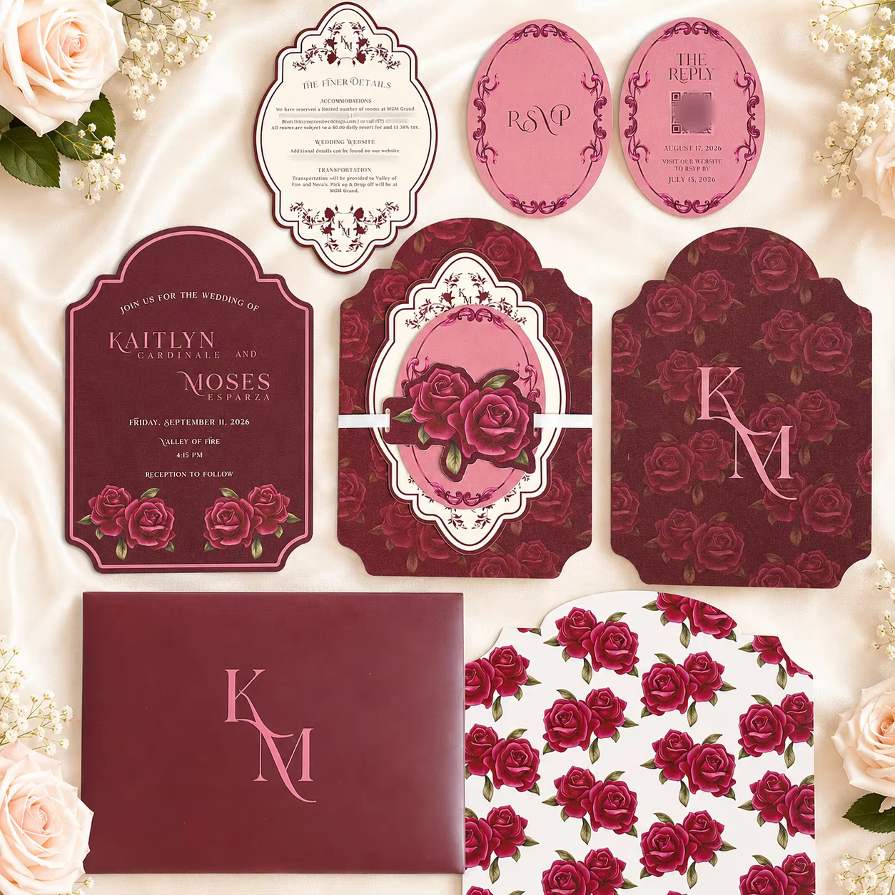 Burgundy Rose Wedding Invitation 600gsm Cotton Cardstock Custom RSVP Info Card Envelope Liner Luxury Floral Bridal Stationery