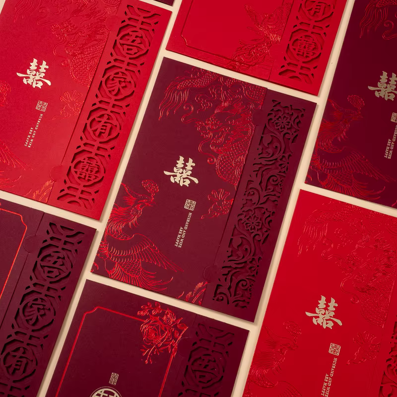 Chinese Style Laser Cut Wedding Invitation Cards with Envelopes, Red Dragon Phoenix Double Happiness Invite Traditional Wedding