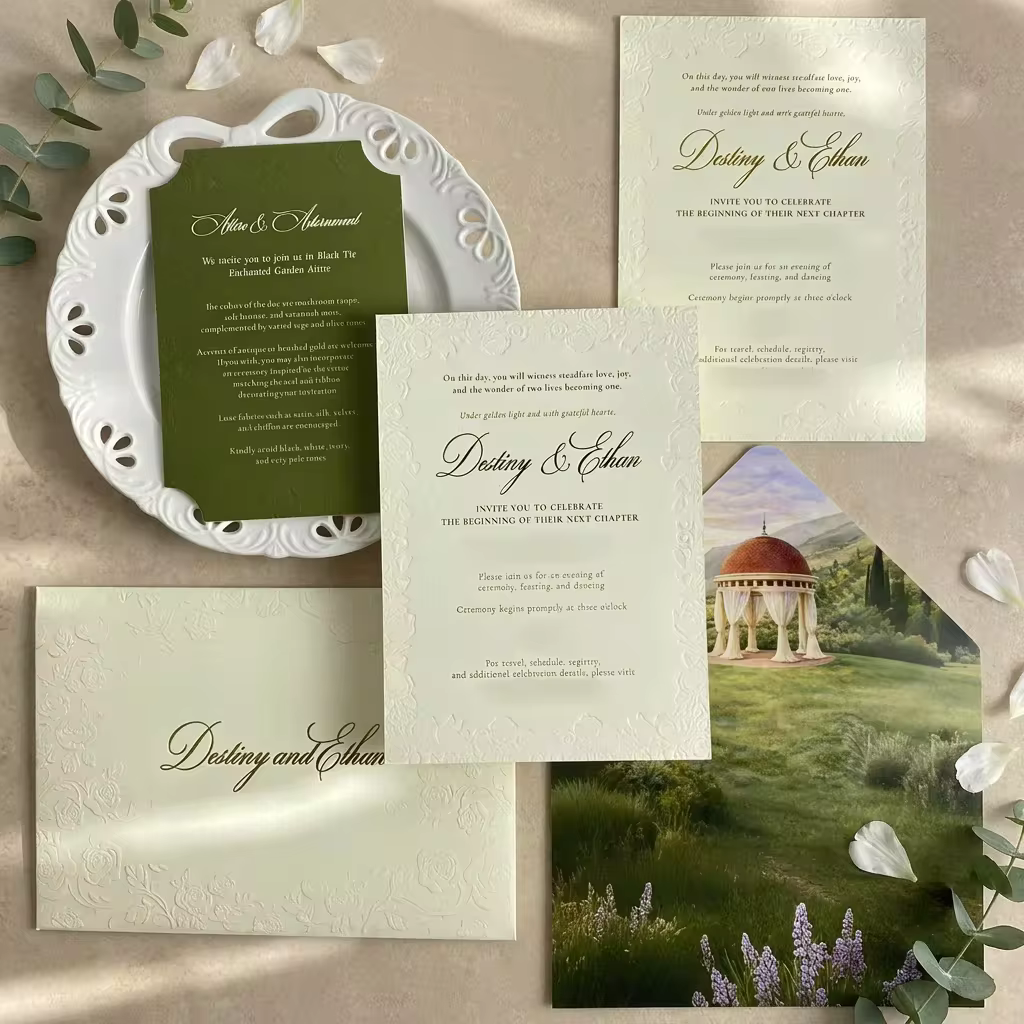 3D Embossed Rose Border Wedding Invitation Olive Green Garden Invitation Suite Luxury Gold Foil Specialty Paper Invitation Cards