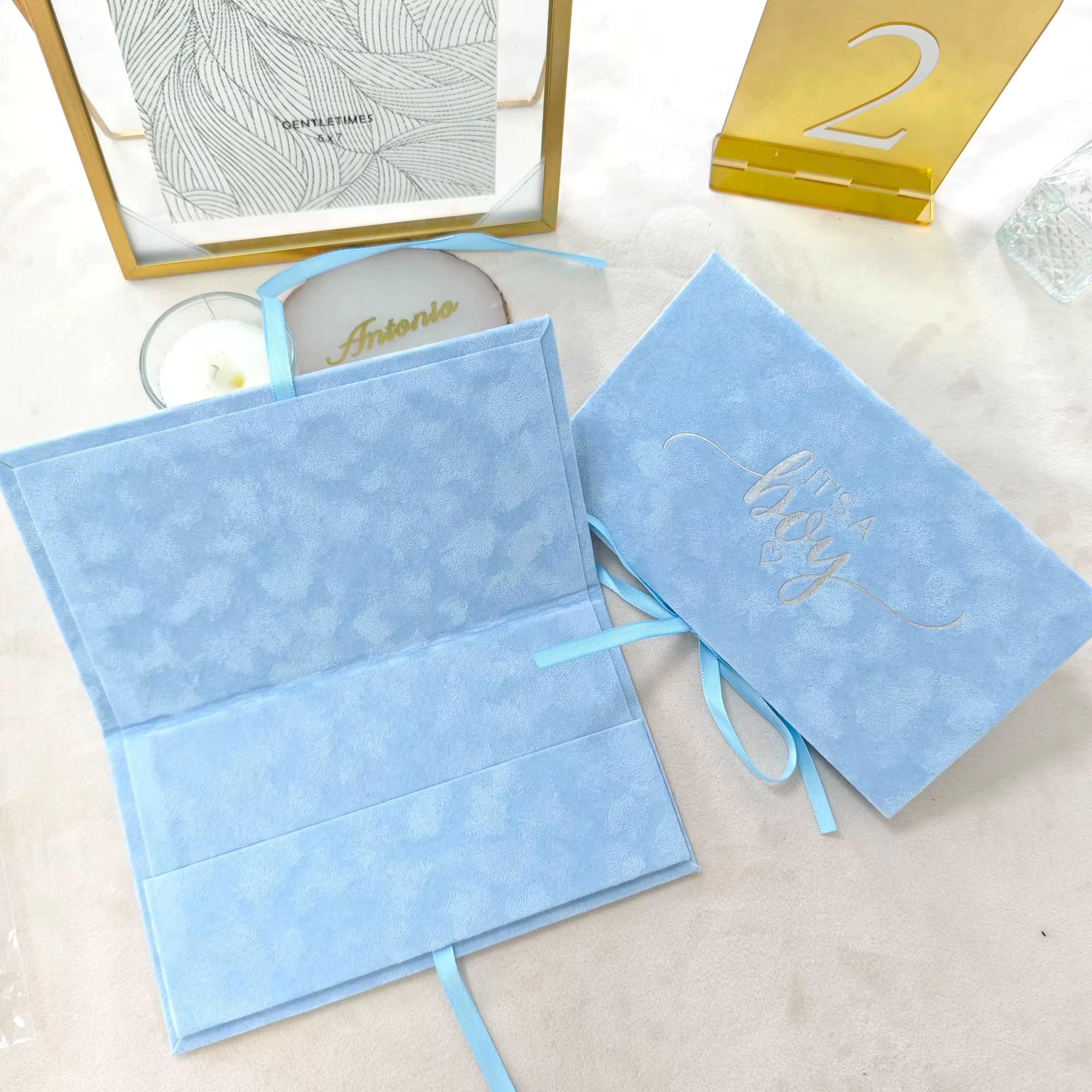 Luxury Baby Blue Velvet Baby Shower Birthday Celebration Envelope Pouch Silver Foil Script Satin Ribbon Custom Printing