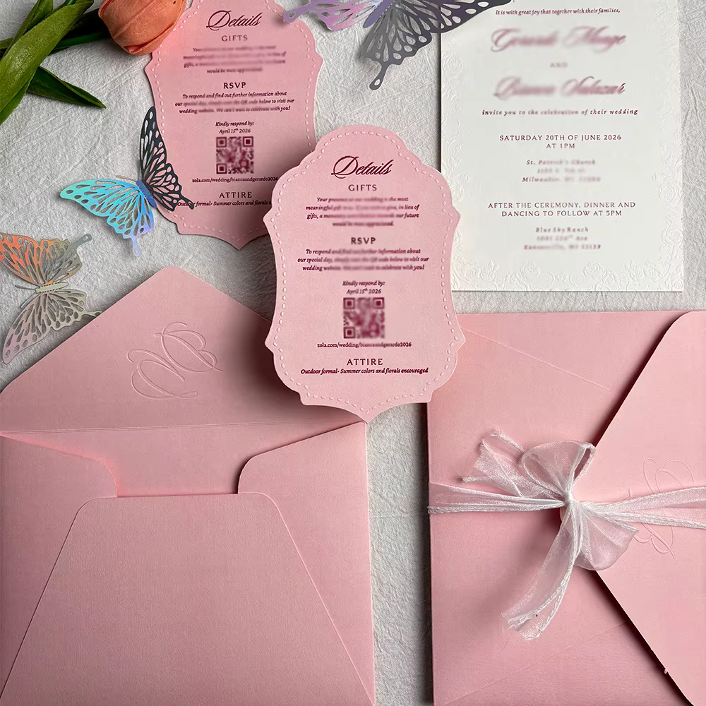 Custom Pink Wedding Invitation Cards with Envelopes, Elegant Ribbon & Embossed Monogram Invite Personalized RSVP Cards Included