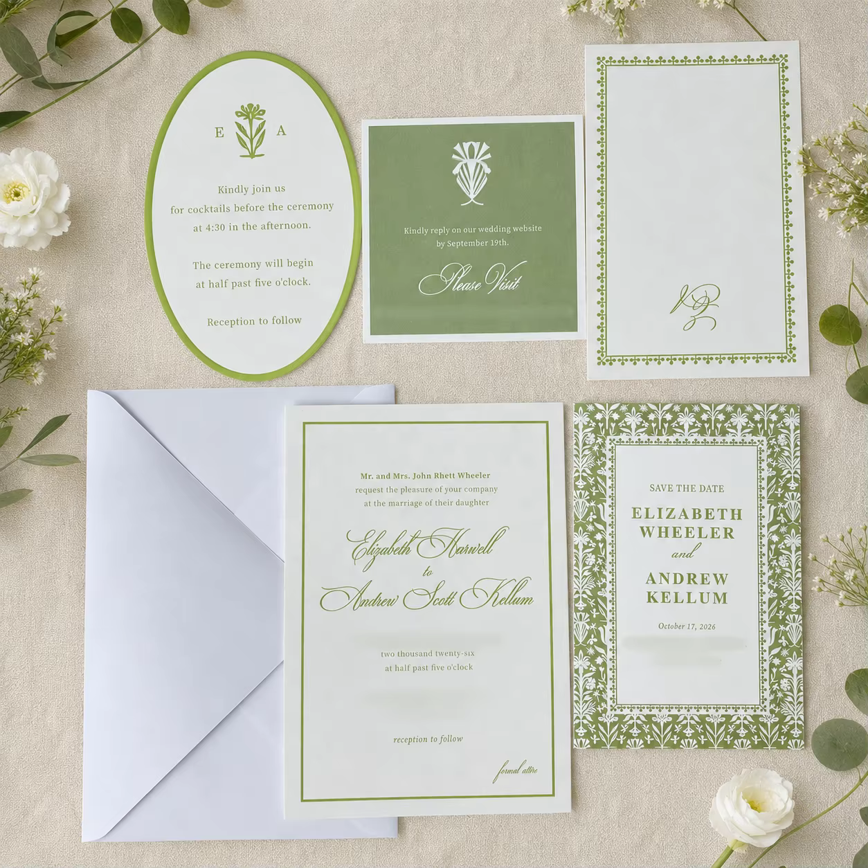 Green Floral Wedding Invitation Suite Customizable Save The Date RSVP Card Set with Envelopes for Elegant Garden Weddings