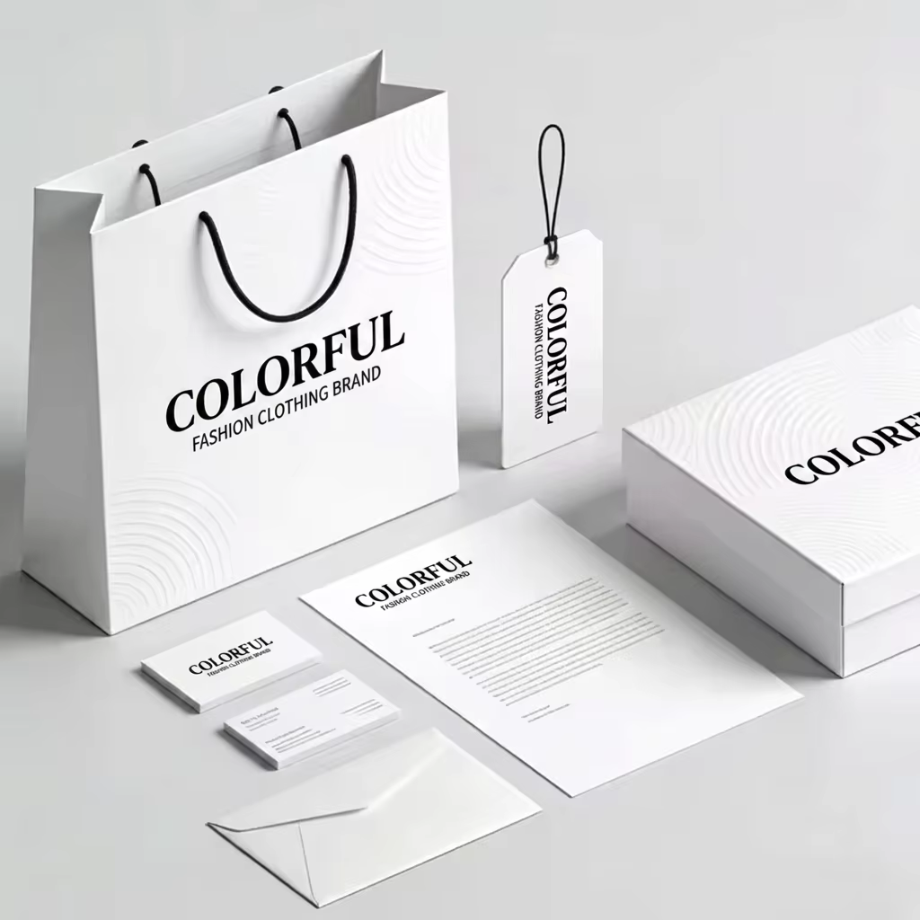 Luxury Custom Clothing Branding Set Premium Minimalist White Paper Shopping Bag Apparel Gift Box Personalized Hang Tag Suite
