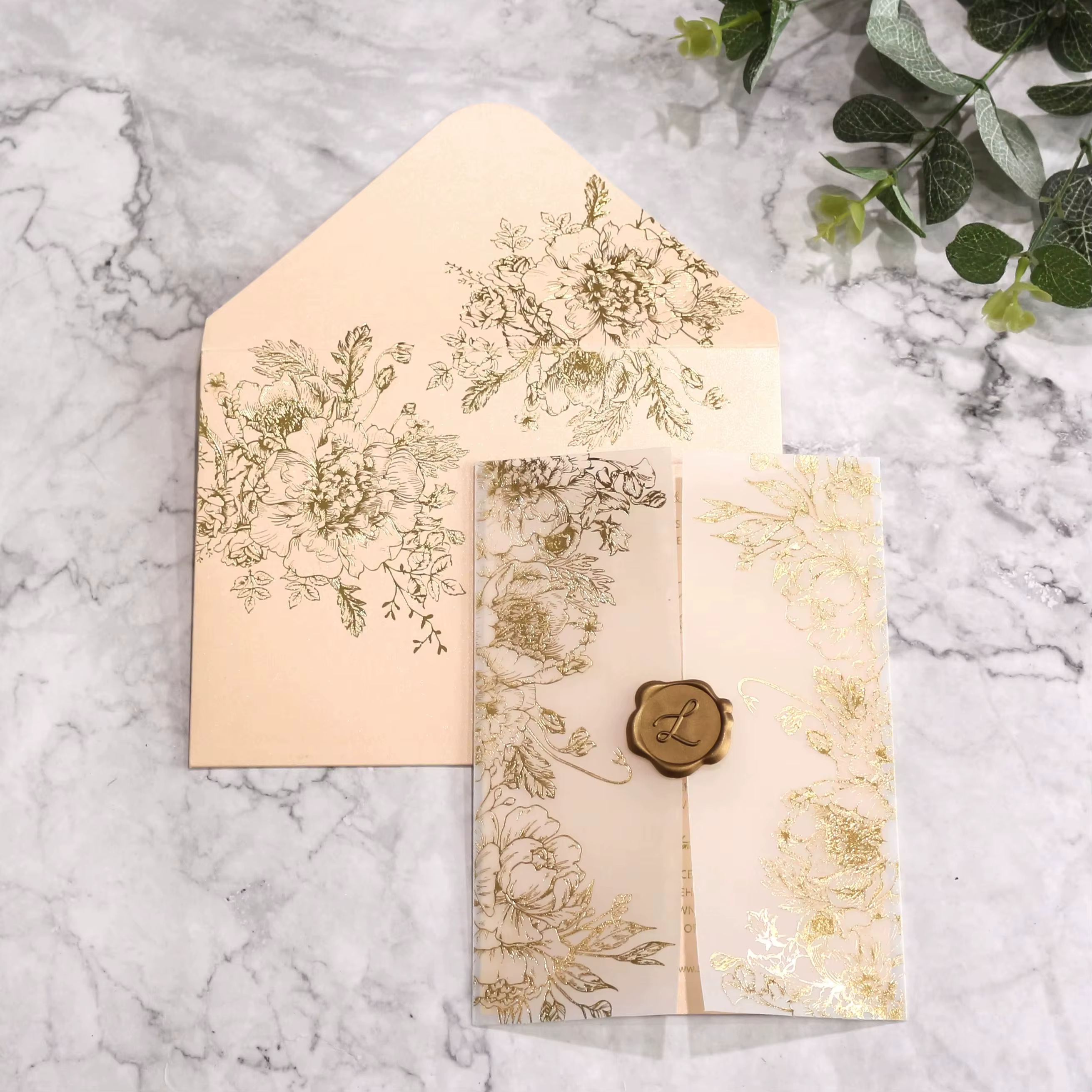 Luxury Blush Pink Peach Vellum Wedding Invitation Envelope Pouch Set Gold Foil Floral Peony Rose Wax Seal L Custom Printing