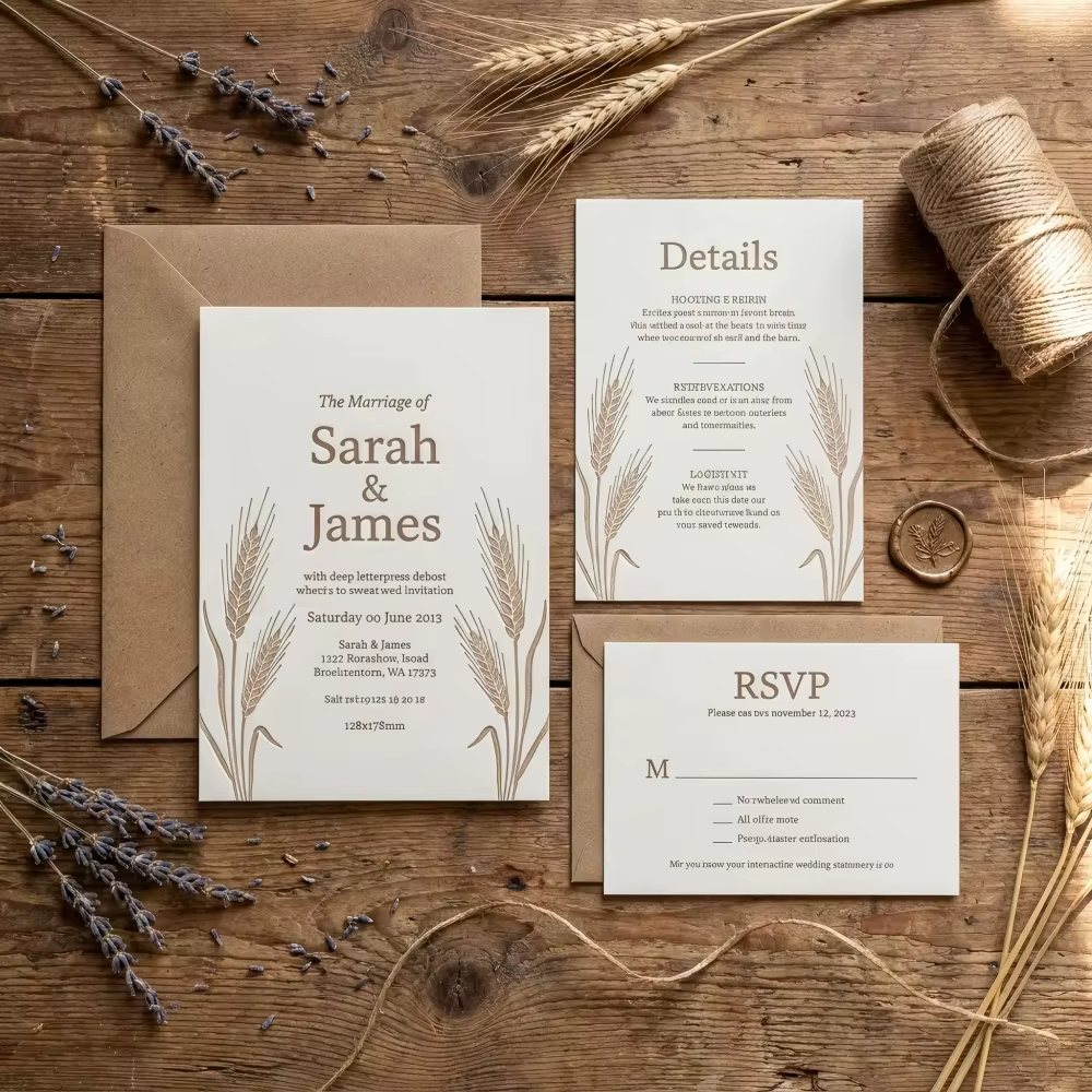 Premium Deep Rustic Wheat Letterpress Luxury Countryside Wedding Invitation Suite RSVP Details Thank You Kraft Envelope Set