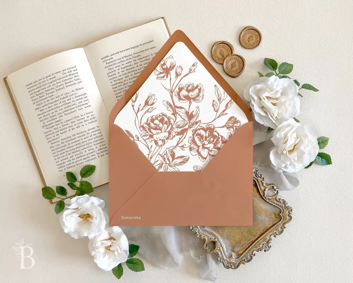 Luxury Terracotta Orange Wedding Invitation Envelope Rose Floral Botanical Liner Gold Wax Seal Vintage Custom Printing