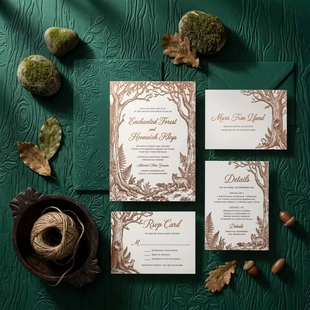 Enchanted Forest 3D Embossed Luxury Moss Green Woodland Wedding Invitation Suite RSVP Details Thank You Card Envelope