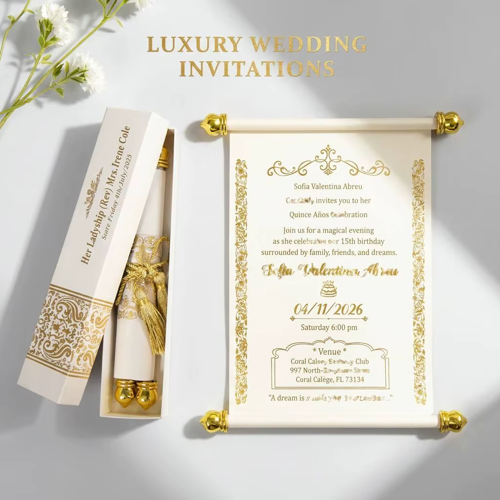 Luxury Eternal Wedding Vow Scroll & Invitation Set with Custom Gold Foil Boxes Royal Keepsake Stationery for Ceremony Exchange