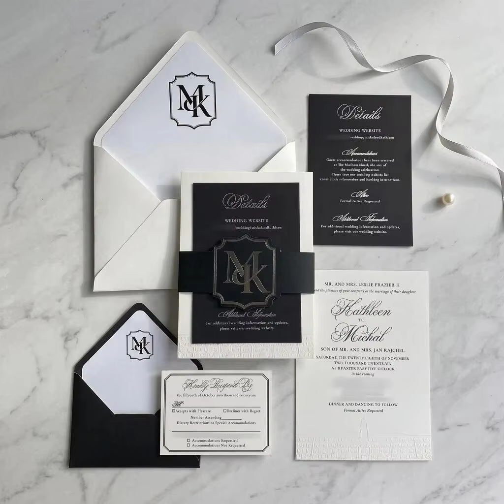 Wedding Invitation Set Luxury Black White Monogram Foil Stamped Elegant Cardstock Bridal Shower RSVP Envelopes