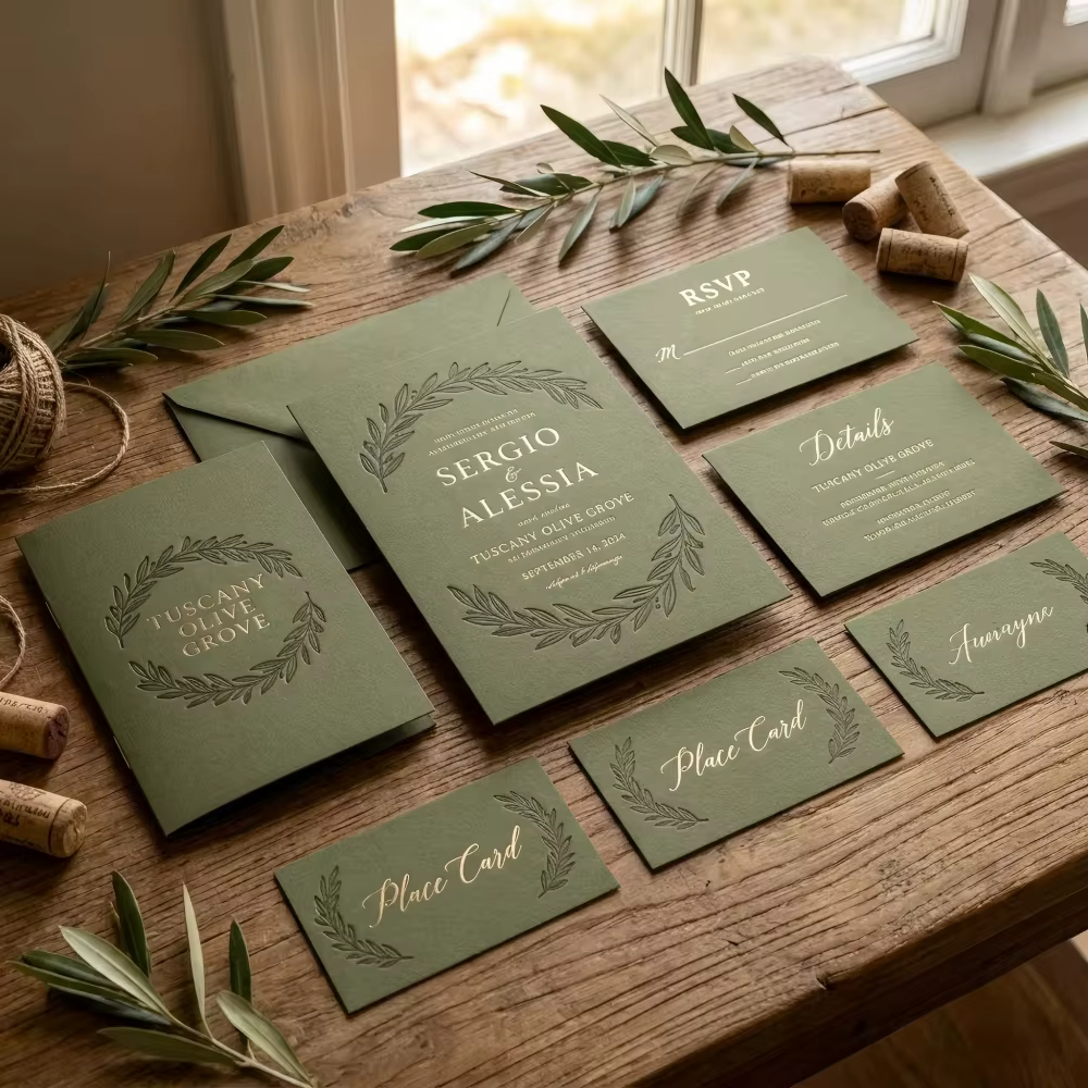 Luxury Tuscany Olive Grove Premium Olive Green 3D Relief Wedding Invitation Suite RSVP Details Place Card Envelope Se