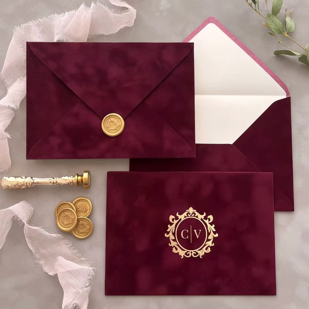 Luxurious Microfiber Suede Velvet Custom Gold Foil Monogram A7 Wedding Invitation Envelope Set With Handmade Gold Wax Seal