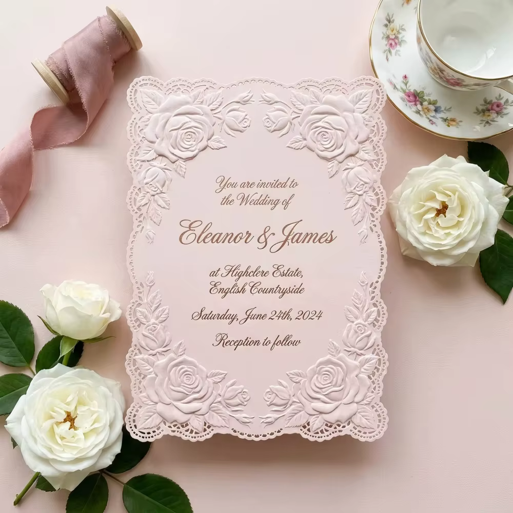 Bespoke Flora High End Lace Border Romantic 3D Rose Relief Wedding Invitation Details RSVP Thank You Card Envelope Suite