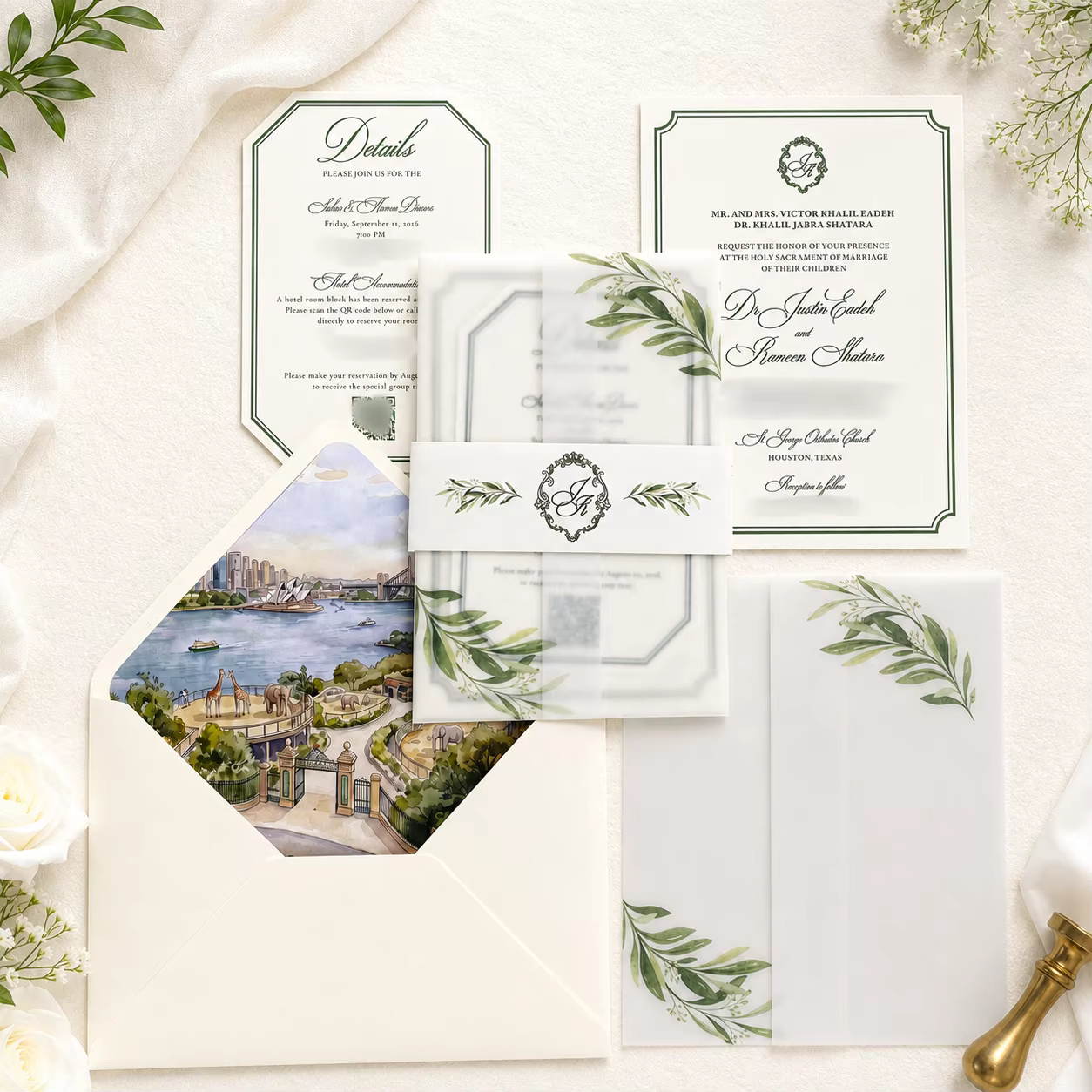 Luxury Wedding Invitation Custom Embossed Leaf Vellum Wrap Watercolor Lined Envelope Cotton Card for Destination Bridal Shower