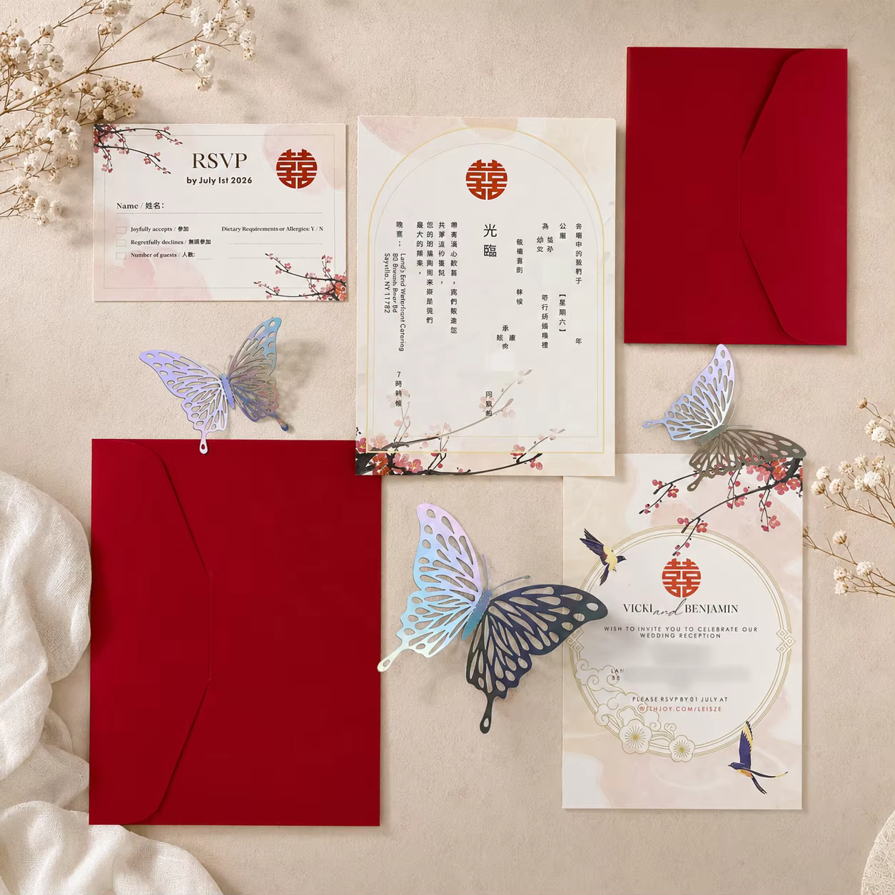 Luxury Chinese Double Happiness Wedding Invitations Set with Red Envelope, Gold Foil Handmade Paper Invites RSVP Cards