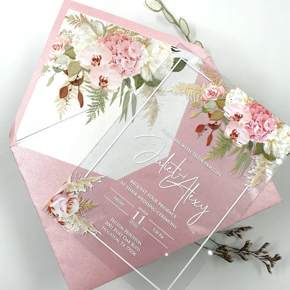 Luxury Pink Glitter Clear Acrylic White Orchid Rose Floral Wedding Invitation Envelope Hydrangea Liner Custom Printing