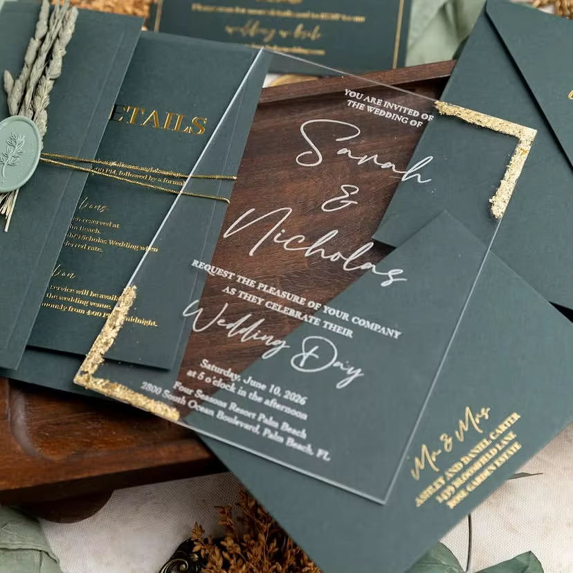 Custom Transparent Acrylic Wedding Invitation Creative Rectangular Gold Stamped Edge Envelope Standard Card Size