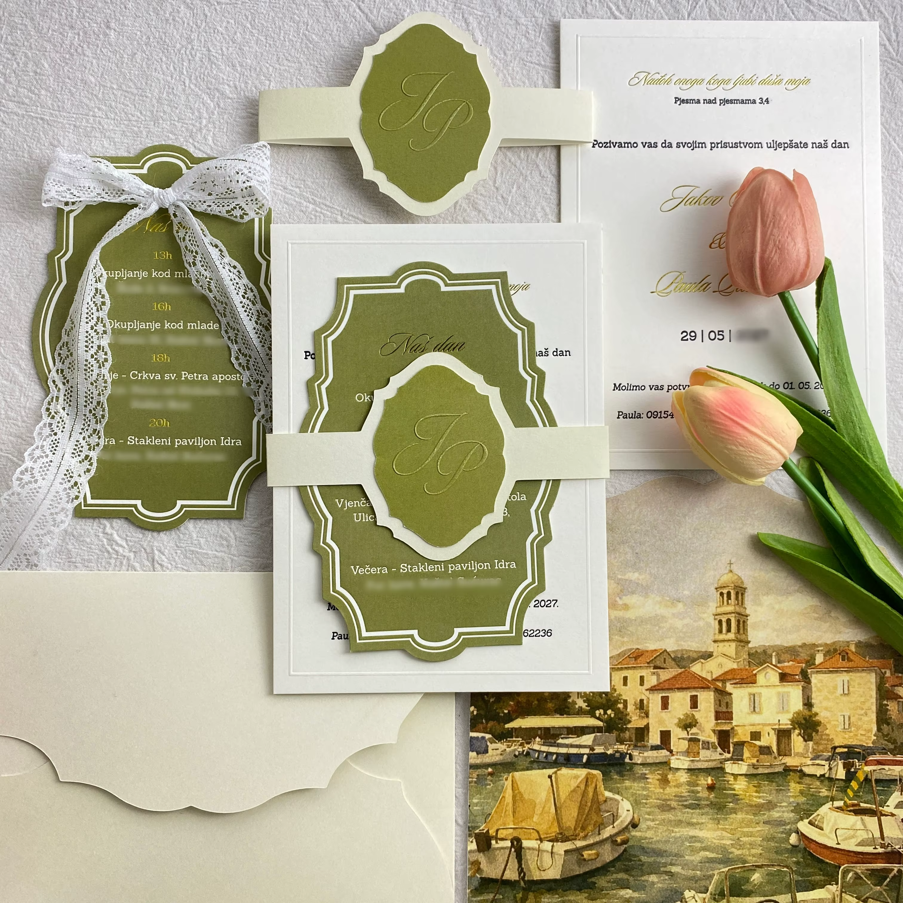 3D Embossed Olive Green Wedding Invitation Scalloped Border Mediterranean Invitation with Monogram Belly Band Lace Ribbon Bow