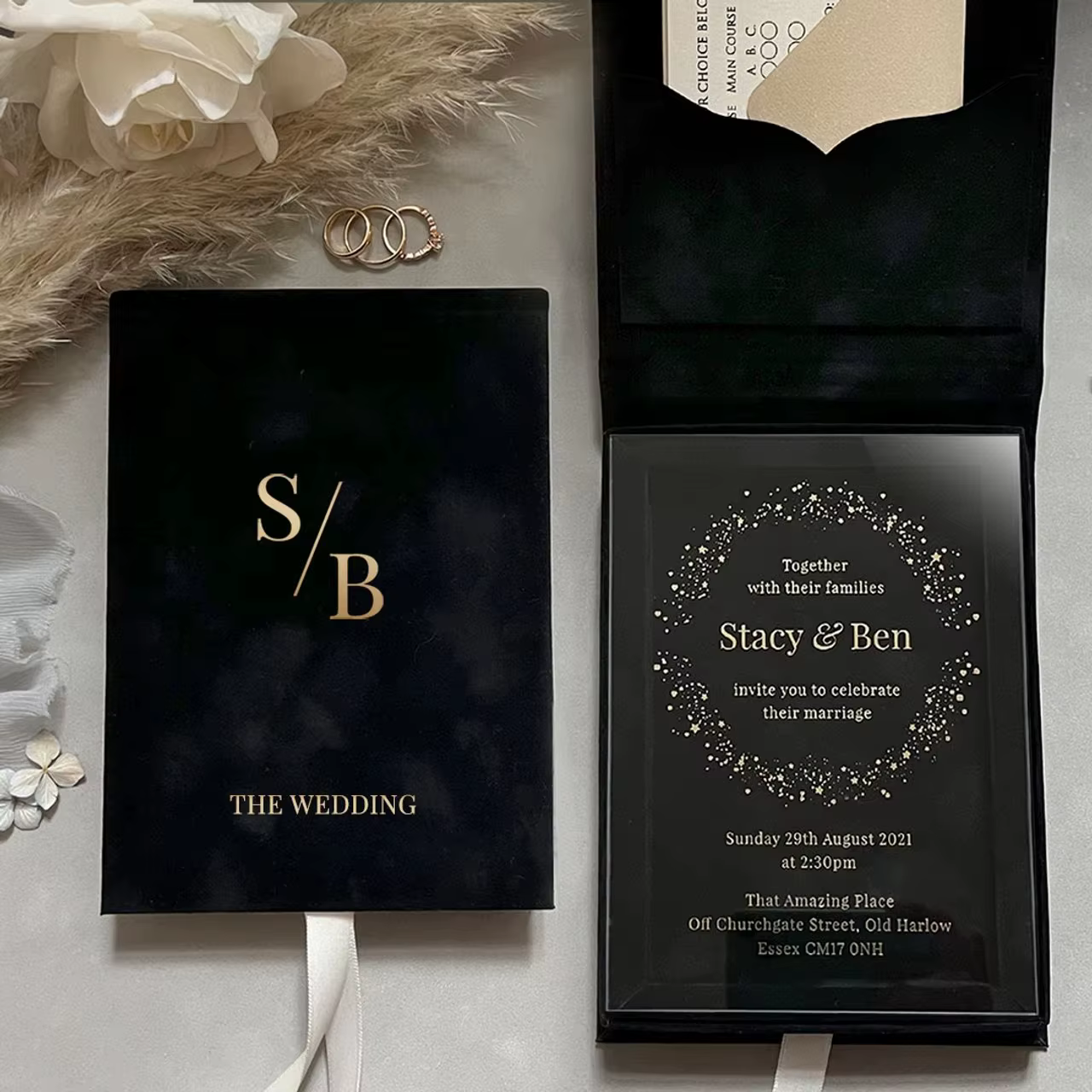 Luxury Black Velvet Gold Foil Monogram Wedding Invitation Suite Box Acrylic Meal Choice RSVP Custom Printing