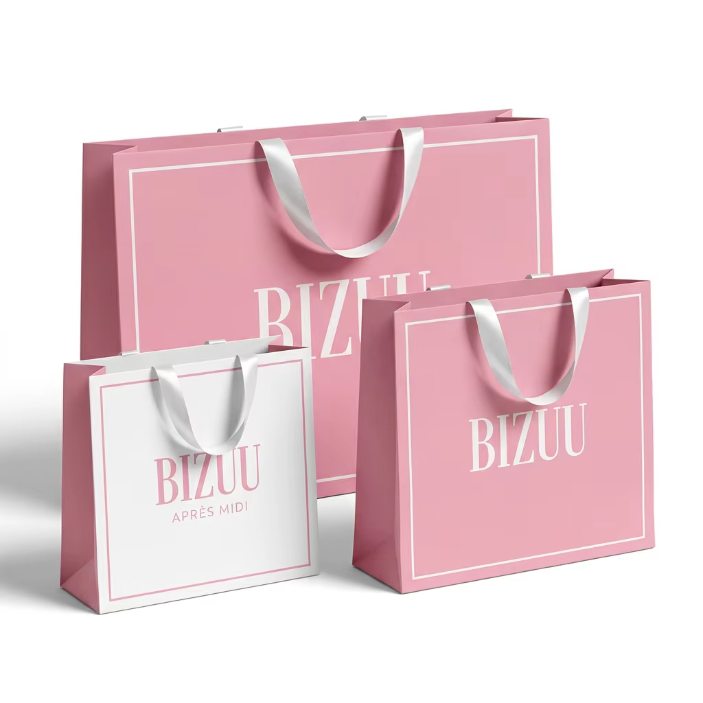 Premium Boutique Shopping Bag High End Blush Pink Cardstock Custom Design Ribbon Handle Gift Bag for Fashion Boutique
