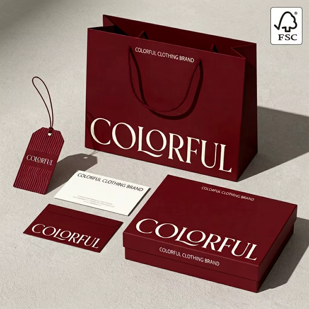 Luxury Custom Clothing Branding Set Premium Recyclable Burgundy Paper Shopping Bag Apparel Gift Box Personalized Hang Tag Suite