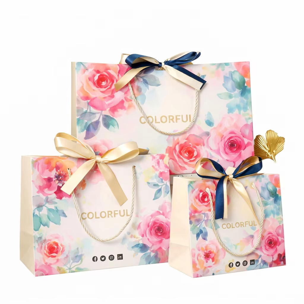 Premium Watercolor Rose Print Paper Bag High End Boutique Shopping Bag Custom Design Ribbon Handle Gift Bag for Wedding