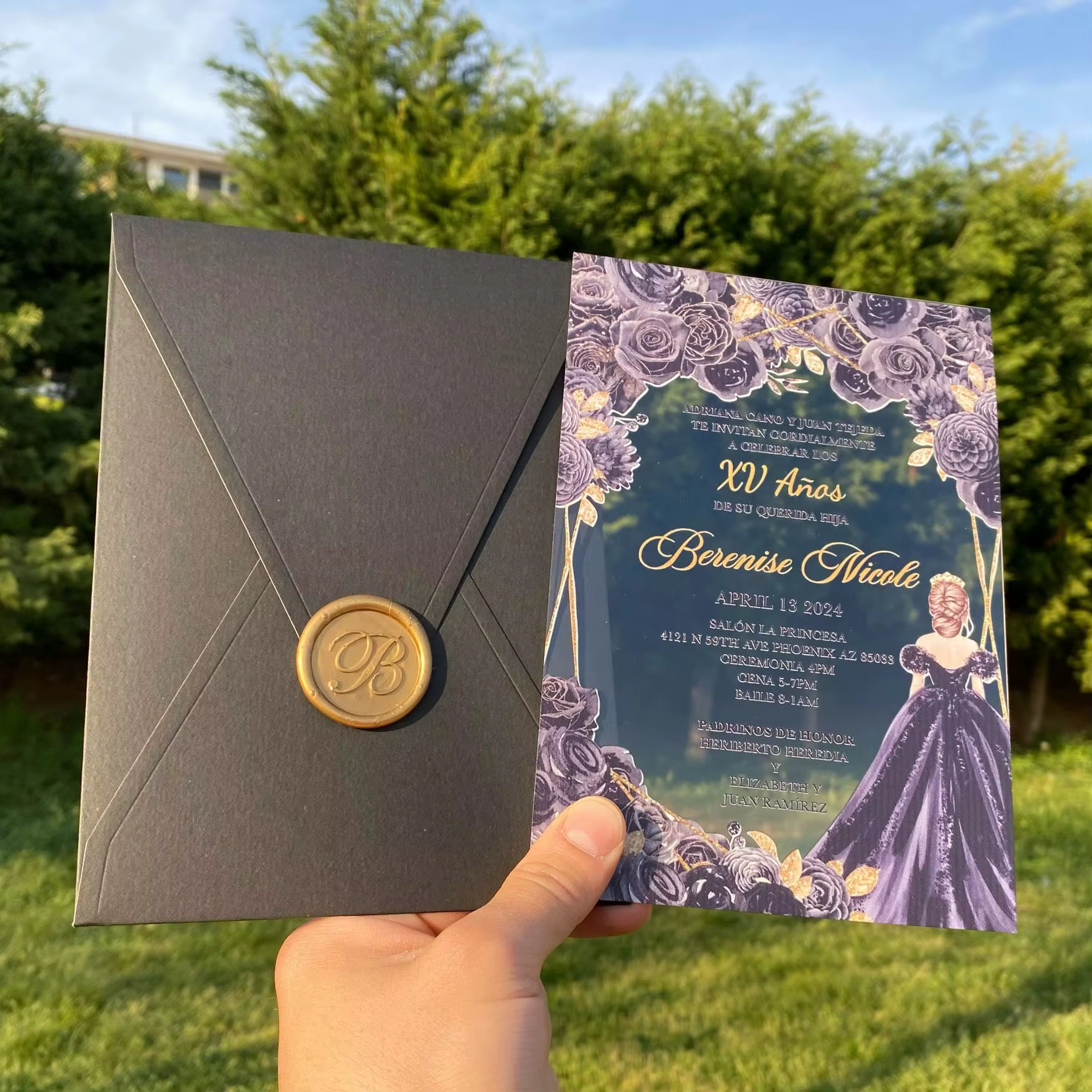 Luxury Dark Grey Gold Foil Clear Acrylic Purple Rose Floral Quinceanera XV Invitation Wax Seal Custom Printing