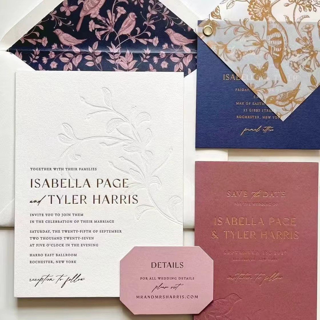 Customized High-End Wedding Invitations Premium Greeting Card Postcards Embossed Textured Cotton Cardstock Printing Printed