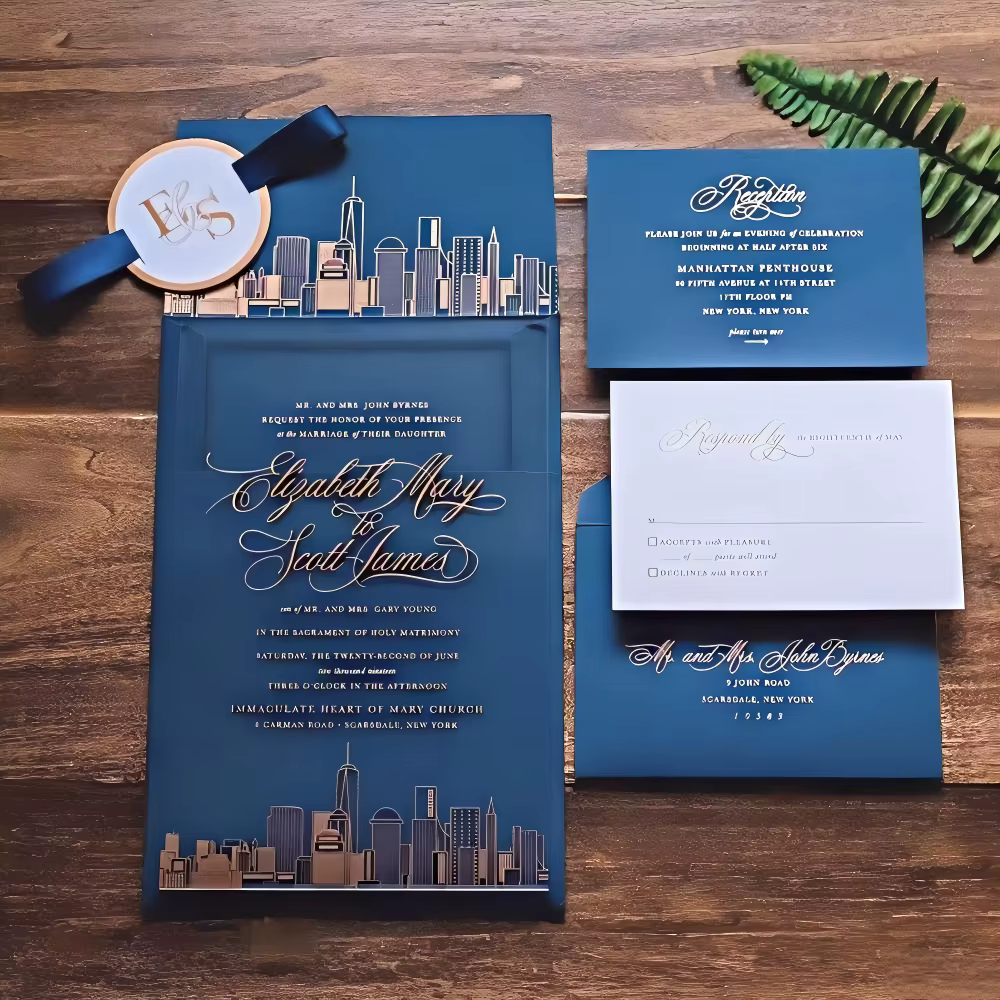 Luxury Navy Blue NYC Skyline Acrylic Wedding Invitation Set Personalized Gold Foil Manhattan Cityscape Invite Suite