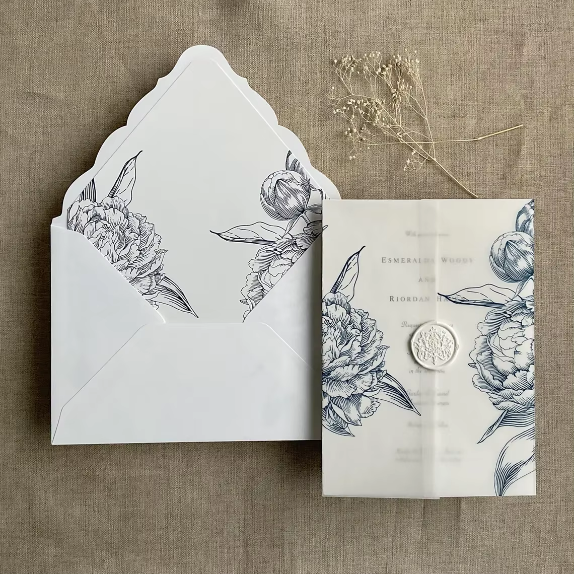 Luxury White Scallop Flap Wedding Invitation Envelope Peony Floral Botanical Liner Vellum Wrap Wax Seal Custom Printing