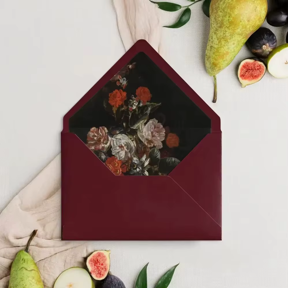 Luxury Burgundy Wine Red Wedding Invitation Envelope Dark Floral Still Life Oil Painting Liner Rose Ranunculus Custom Printing