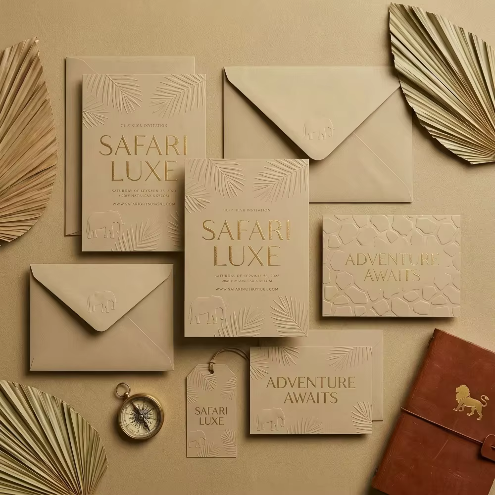 Luxury Safari Luxe 3D Relief Elephant Premium Sandy Beige Jungle Wedding Invitation Suite RSVP Details Thank You Tag Envelope