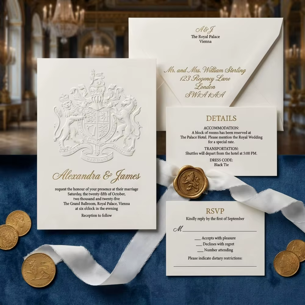 Luxury Palace 3D Embossed Wedding Invitation Envelope RSVP Thank You Card Details Stationery Suite