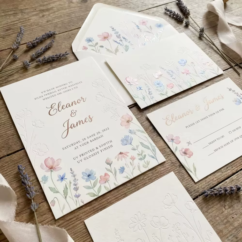 Spring Meadow Luxury Wildflower Watercolor Wedding Invitation Suite RSVP Details Card Thank You Card Envelope 3D Embossed Set