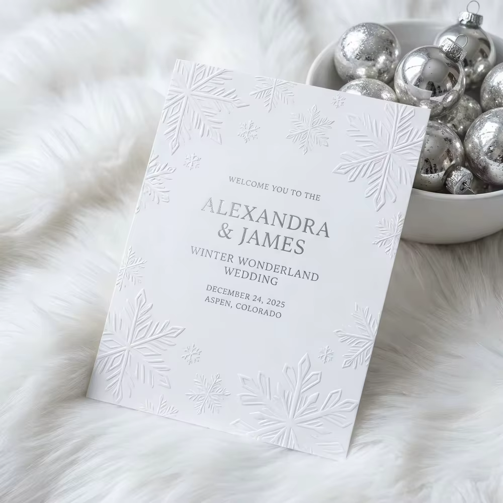 Luxury Snowflake Relief 3D Embossed Winter Wonderland Wedding Invitation Suite RSVP Details Card Thank You Card Envelope